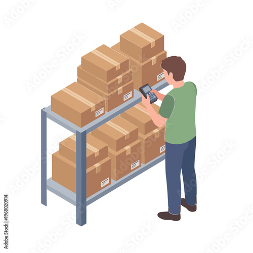 A man scans boxes on a metal rack in a warehouse setting with shelves.