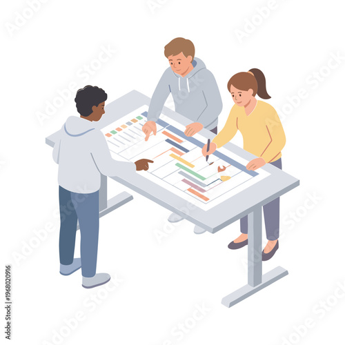 Three people working together on a large chart at a table