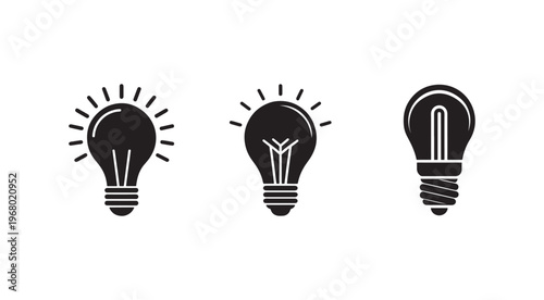 Three black light bulb icons with different designs and lines around them on white background