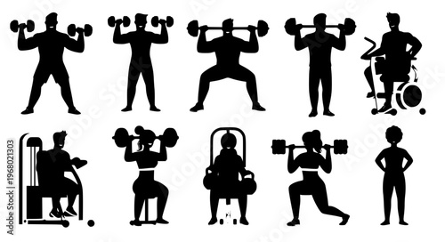 Gym people fitness vector set men women dumbbells barbells EPS10 isolated on white