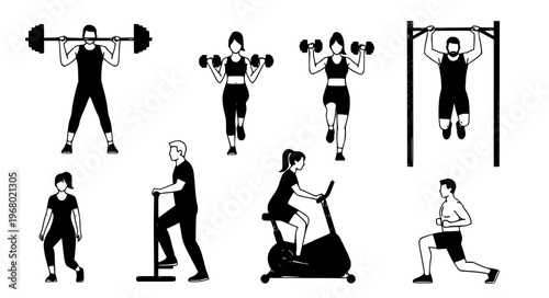 Minimal gym fitness people vector icon set EPS10 isolated on white