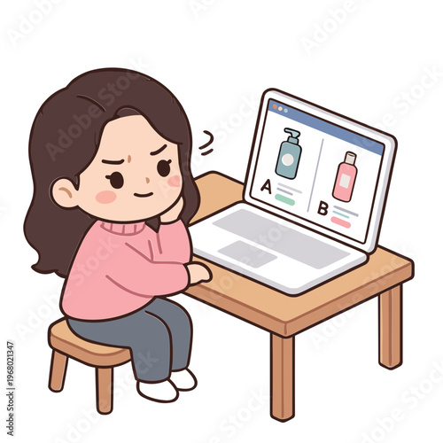 A woman sits at a table looking confused at a laptop showing two bottles.