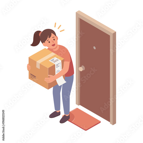 Woman receives package at doorway with surprise expression