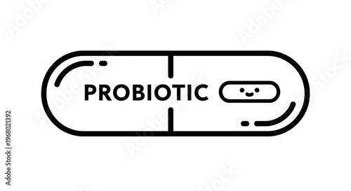 A clean, minimalist line art illustration of a medicine capsule labeled "PROBIOTIC" featuring a tiny cute smiling face inside. Ideal for digestive health, gut flora, and supplement branding