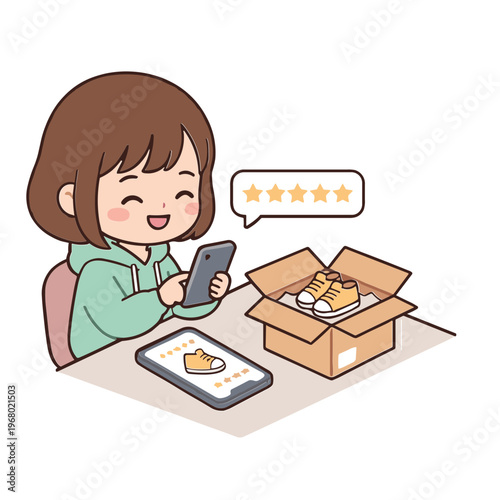 Woman reviews food delivery on phone with open box and tablet nearby
