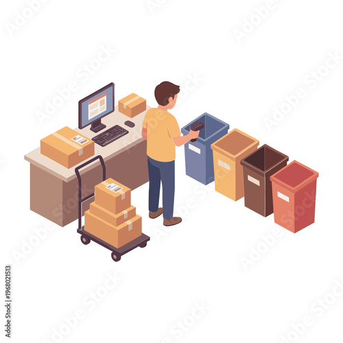 Man sorts packages at office desk with computer and boxes