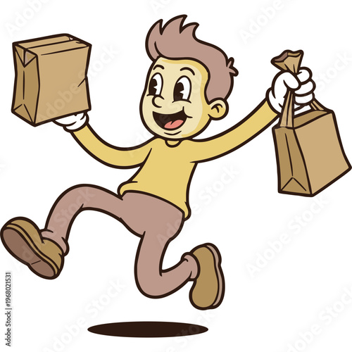 A cheerful cartoon man jumps excitedly outdoors holding two shopping bags.