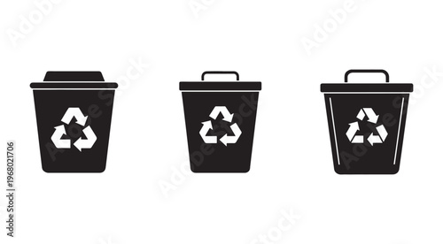 Three black recycling bins with white recycling symbols on a plain white background  eco friendly waste management containers