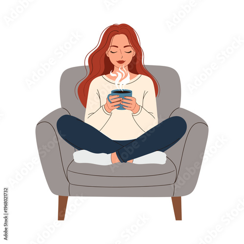 relaxed woman sitting in armchair with steaming mug isolated on transparent background