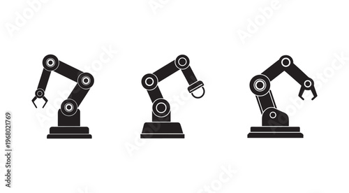 Three black robotic arms with different end effectors on white background for industry automation and manufacturing concepts  robotic arms with claws and suction cup