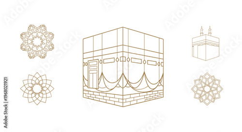 Gold geometric patterns and Kaaba structure.