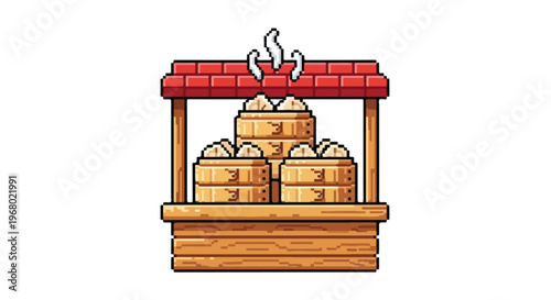 A charming pixel art vector depicts a traditional wooden food stall filled with stacked bamboo steamers of piping hot dim sum dumplings.