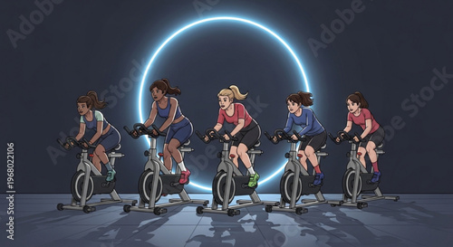 Diverse group of women cycling together in a dark room with a glowing blue circle behind them exercising on stationary bikes with focused expressions