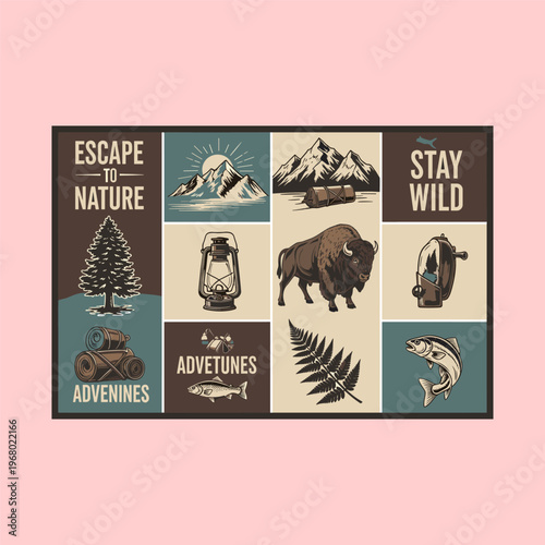 Vintage outdoor adventure poster with nature icons isolated on transparent background