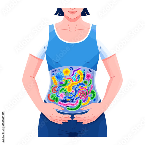 Woman with colorful gut microbiome illustration isolated on transparent background