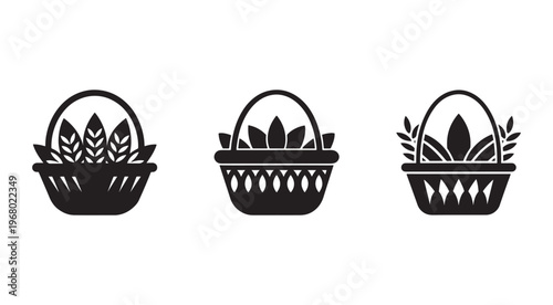 Three black silhouettes of baskets with plants and leaves inside on white background