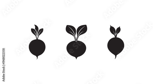 Three black silhouettes of beetroot with leaves on white background  vegetable icons