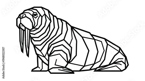 Minimalist Geometric Walrus Vector | Modern Low Poly Arctic Animal Tusks Line Art Isolated Transparent PNG