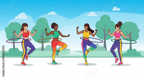 Four women hula hooping in colorful outfits outdoors in a park with trees and blue sky