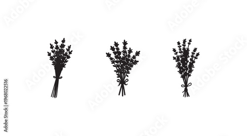 Three black silhouettes of bouquets of plants with tied stems and leaves on white background  isolated  decorative floral elements