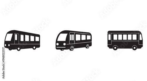 Three black silhouettes of buses in different angles and positions  side views of public transportation vehicles