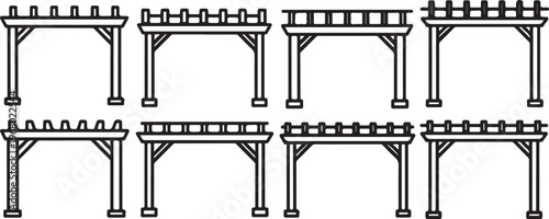 Illustrations of various types of bench designs with crossbars and supports Vector