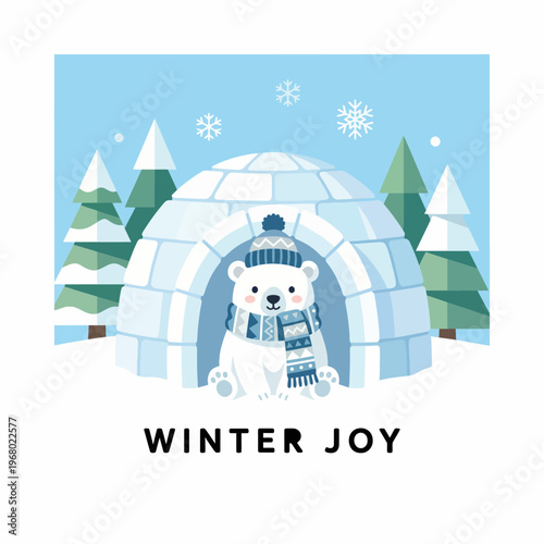 This charming illustration portrays a polar bear wearing a scarf next to an igloo in a snowy landscape, evoking feelings of joy and warmth in a winter setting for all ages.