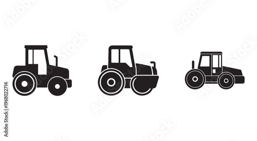 Three black silhouettes of different tractors and road rollers in profile on white background  heavy machinery  construction vehicles