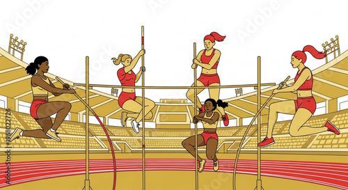 Women in red athletic wear performing hurdle race on a track with stadium seating in background