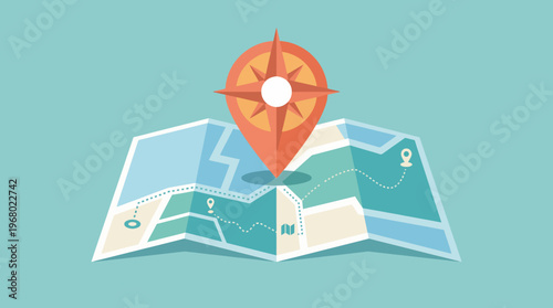 An illustrated map featuring a detailed layout with a prominent compass rose and location marker, evoking a sense of adventure and exploration in discovering new places.