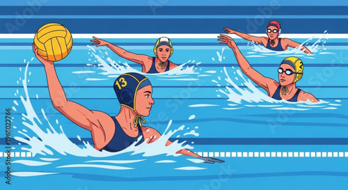 Women playing water polo in a swimming pool with colorful caps
