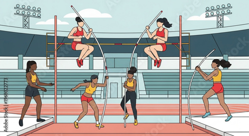 Women in red and yellow athletic wear pole vaulting at a track and field stadium with green bleachers