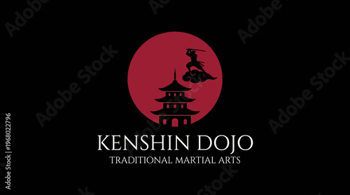 A striking logo that combines traditional Japanese dojo elements, such as a pagoda and a warrior, symbolizing martial arts excellence and cultural heritage, ideal for branding.