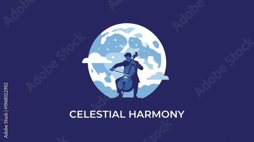 A serene illustration of a musician playing a cello under a full moon, symbolizing artistic expression and harmony in the night sky, perfect for musical themes.