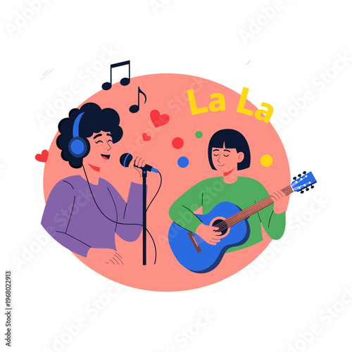 Two musicians singing and playing guitar isolated on transparent background