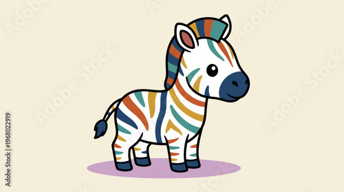 An adorable cartoon zebra featuring vibrant, colorful stripes, designed for children’s illustrations or whimsical art pieces, bringing charm and uniqueness.