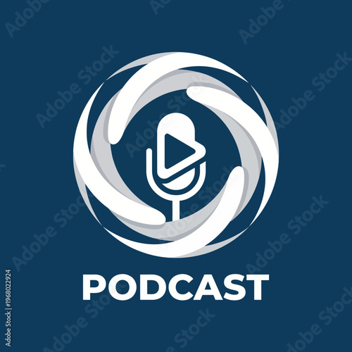 An illustrative podcast logo with a microphone and play button, symbolizing engaging audio content, perfect for podcast branding in the digital age and storytelling.