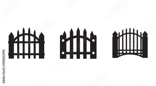 Three black silhouettes of different wooden gates with various arch shapes and picket designs on white background  fence gates