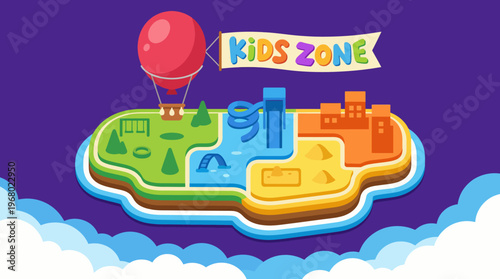 A vibrant illustration of a children's activity island, showcasing various zones like a playground, water slide, and sand area, perfect for engaging in playful adventures for kids.
