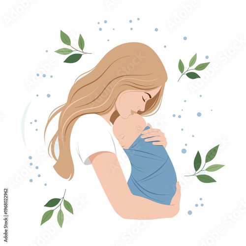 pregnant woman hugging her belly with leaves around her isolated on transparent background