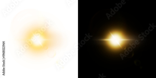 Brilliant glowing golden sun lens flare light effect featuring a bright radiant central starburst, horizontal luminous rays, and optical circular bokeh rings, flawlessly  on a transparent background.