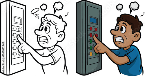 Frustrated Man Pressing Buttons on Control Panel Vector Set on White Background