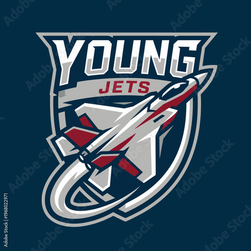 A striking logo featuring a jet aircraft in motion, embodying energy and youth, making it perfect for a sports team or youth organization looking for a dynamic identity.