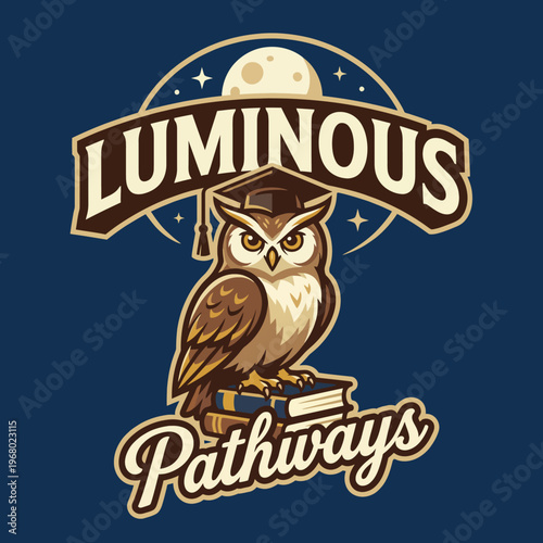 An adorable owl character wearing a graduation cap, perched on books with a moonlit background, perfect for education or learning-themed projects and branding.