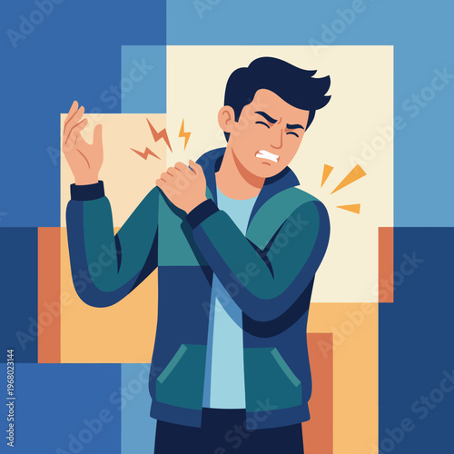 This illustration features a distressed man clutching his shoulder in pain, highlighting feelings of discomfort and frustration against a vibrant, abstract backdrop.