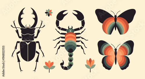 Minimalist Retro Insect Illustration Set - Geometric Beetle, Scorpion, and Butterfly Graphics