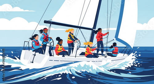 Team of people sailing on a boat in the ocean on a sunny day with white clouds