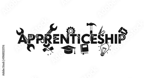 Apprenticeship concept with education and vocational icons. Vector illustration of learning a trade and professional skill development.