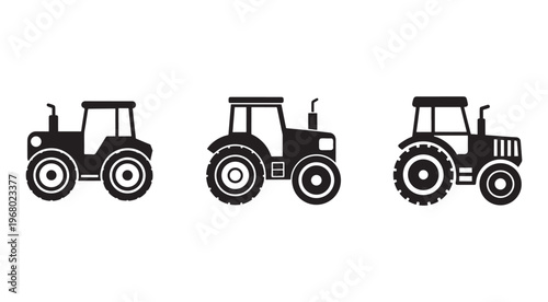 Three black silhouettes of tractors in different angles and positions on white background  agricultural vehicles for design and illustration purposes