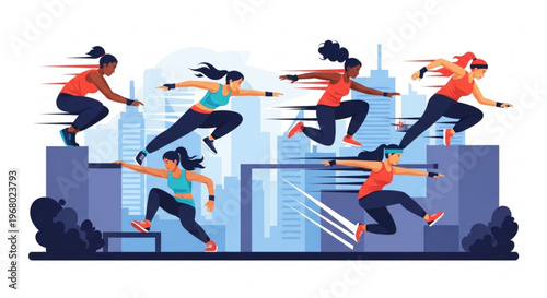 Diverse women jumping over obstacles in cityscape with motion blur conveying determination and empowerment